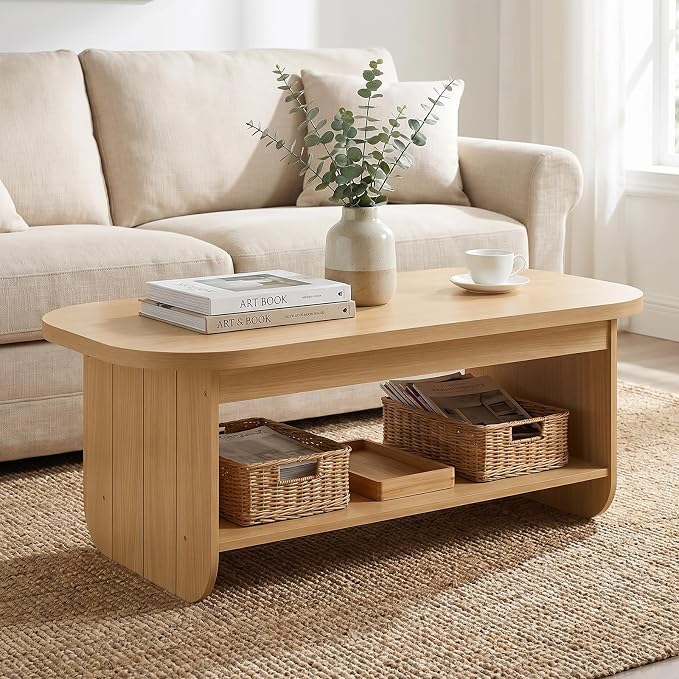 Giantex Oval Coffee Table, 47" Mid Century Modern Center Table with Storage Shelf & Round Corner, 2-Tier Accent Cocktail Tea Table, Wood Coffee Table for Living Room, Small Spaces (Natural)