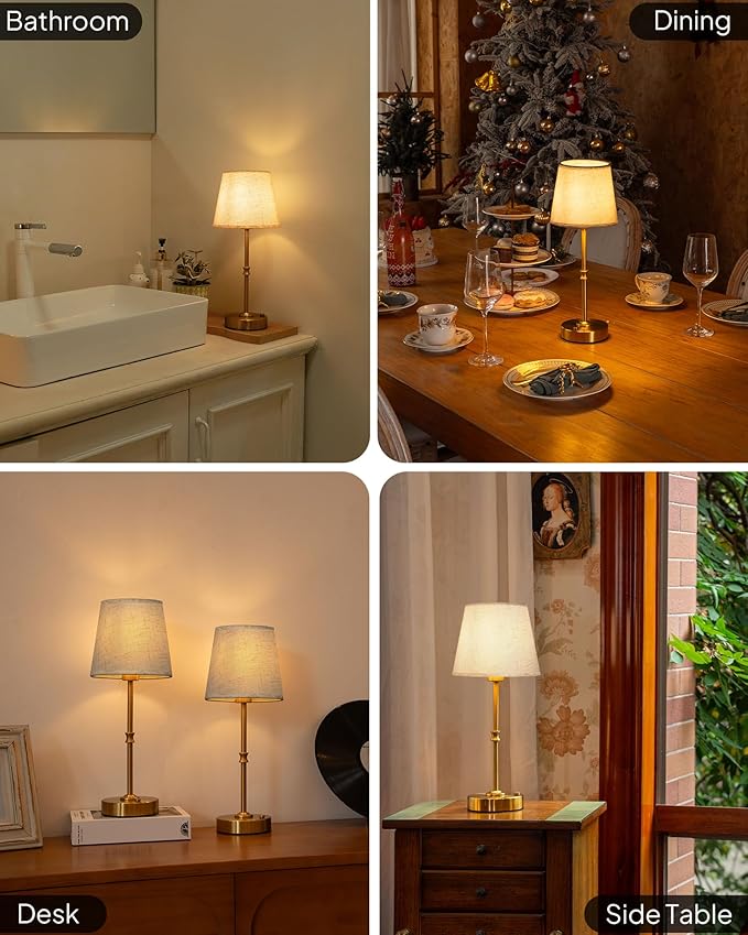 EppieBasic Cordless Table Lamp Rechargeable: Fast Charging & Long Lasting - 2700K Warm Light Vintage Gold Lamps - Dinning Living Room Bedroom - Linen Shade