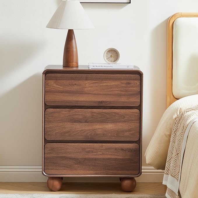 AVZEAR Modern 3 Drawer Dresser for Bedroom, Wooden Dresser Chest of Drawers, Handle Free & Curved Profile Design, Mid Century 3 Drawer Nightstand for Living Room, Walnut
