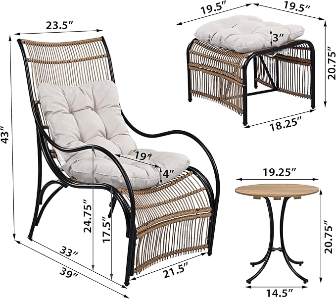 Outdoor Chair with Ottoman, 3-Piece Outdoor Lounge Furniture Set - Lounge Chair, Side Table & Ottoman, Ideal for Garden, Balcony, Deck (Beige,Black+Natural)