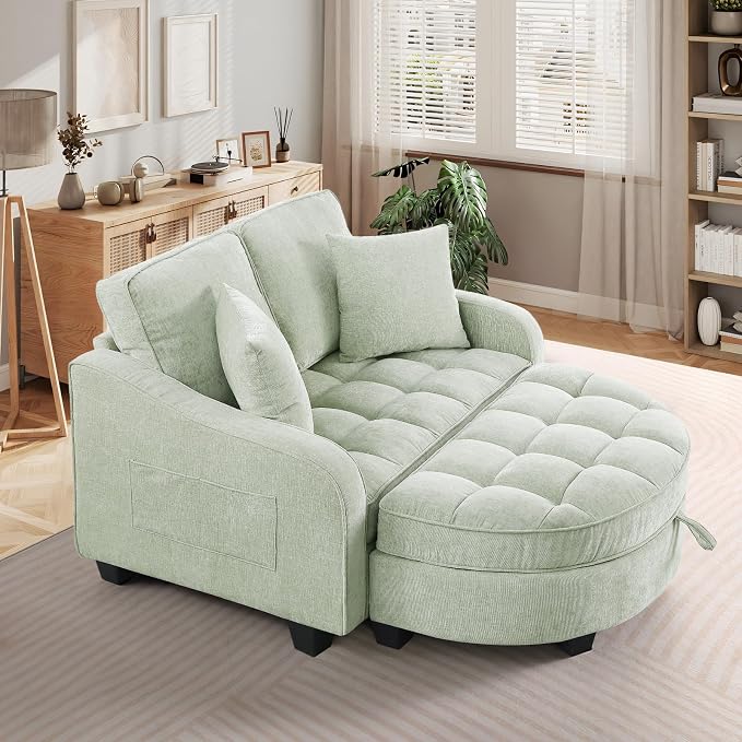 Oversized Chaise Lounge Chair Indoor with Ottoman, Chenille Tufted Comfy Loveseat Sofa Chair with Adjustable Backrest, Fluffy Recliner Sofa, Convertible Sleeper Couch Bed for Living Room(51"W, Beige)