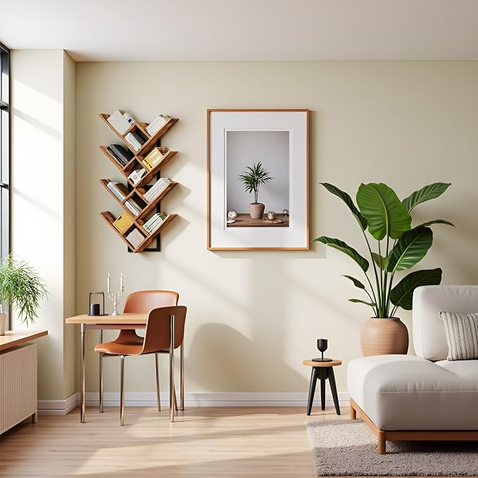 HOOBRO Floating Shelves for Wall, Set of 2 Wall Mounted Shelves, 2-Tier Wooden Tree Bookshelf, Hanging Shelves Storage Rack, for Living Room, Kitchen, Office, Rustic Brown and Black BF54BJP201