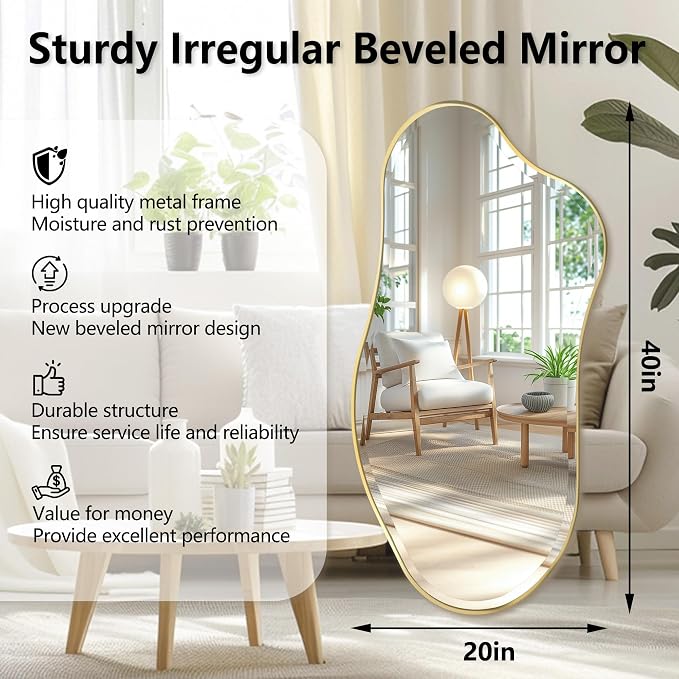 POZINO Irregular Beveled Mirror, 53"x26.5" Modern Organic Shaped Mirror with Metal Frame, Gold Asymmetrical Aesthetic Wall Mirrors for Bathroom Living Room Bedroom Entryway, Horizontal/Vertical