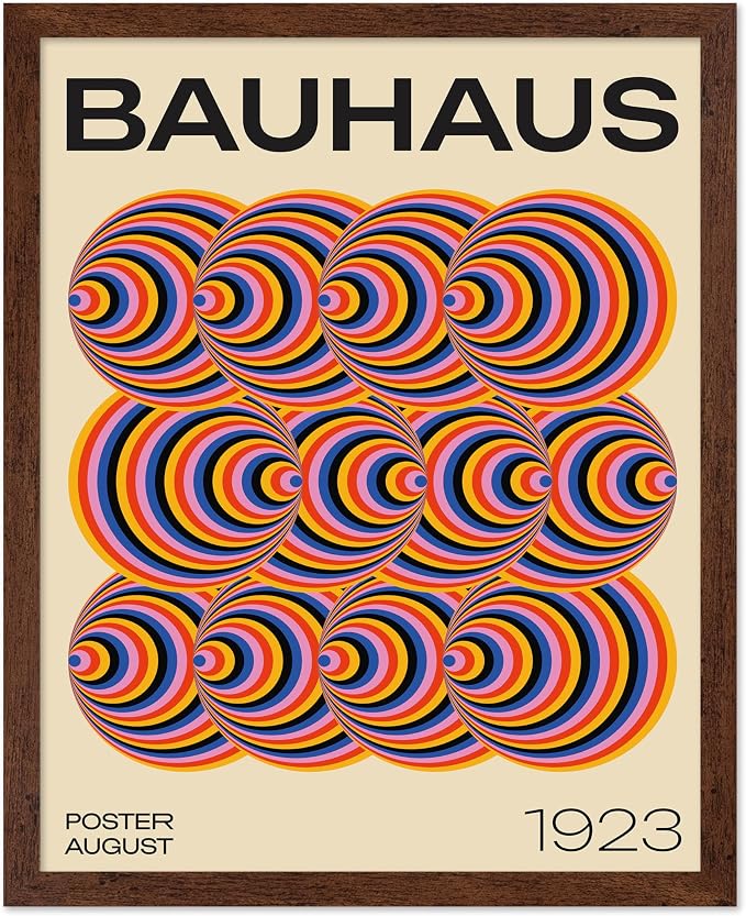 Poster Master Bauhaus Poster - Abstract Spiral Print - Geometric ART - Rainbow ART - Psychedelic Style - Chic Boho - Mid Century Modern - Living Room or Bedroom Decor - 8x10 Brown Framed