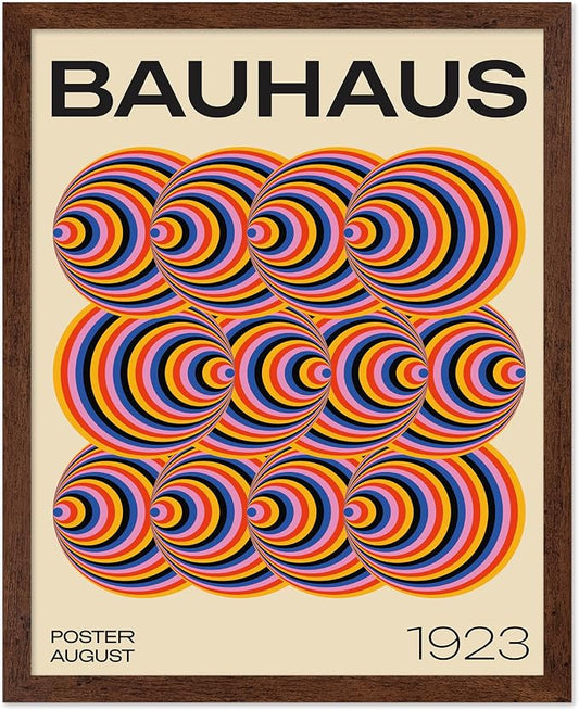 Poster Master Bauhaus Poster - Abstract Spiral Print - Geometric ART - Rainbow ART - Psychedelic Style - Chic Boho - Mid Century Modern - Living Room or Bedroom Decor - 8x10 Brown Framed