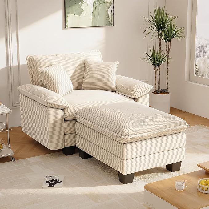 Chaise Lounge Chair Indoor, Oversized Accent Chairs with Ottoman, Luxury Corduroy Upholstered Deep Seat Sleeper Sofa Reading Chairs and A Half with Pillows for Living Room, Bedroom, Apartment,Beige