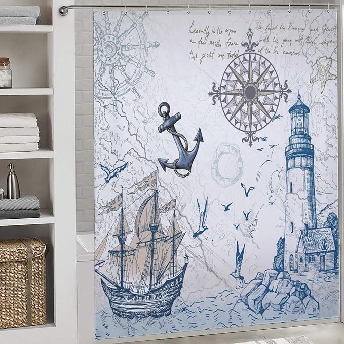 Ocean Nautical Shower Curtains,Sailboat Compass Hand Painted Navigation Vintage Nautical Elements Bathroom Decor Polyester Fabric Waterproof Bathroom Curtain with Hooks,72x78Inch