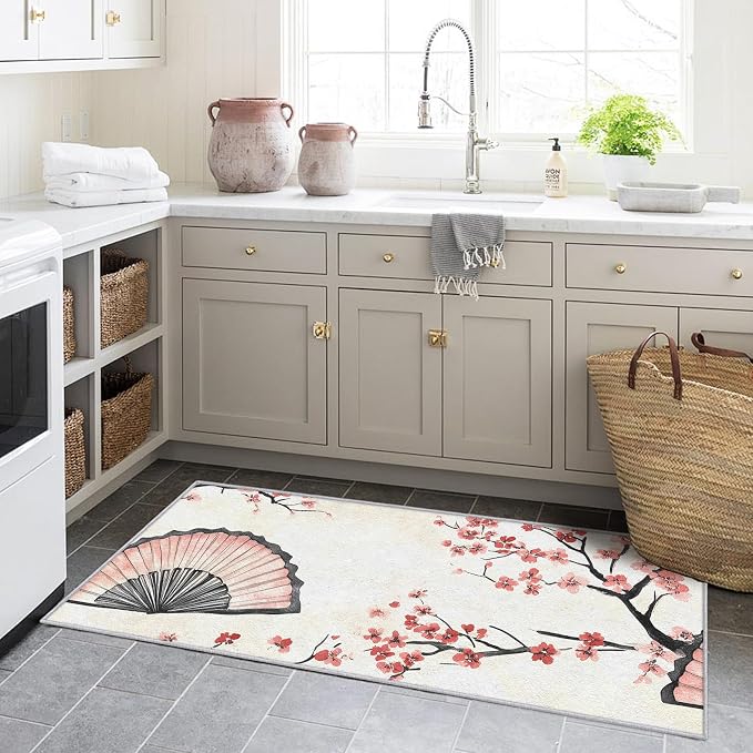 Japanese Cherry Blossom Runner Rug 3x7, Oriental Fan Design, Asian Area Rug, Washable Carpet Runner for Bedroom, Standard Hallways, Kitchen Walkway, Dining Room Sideboard