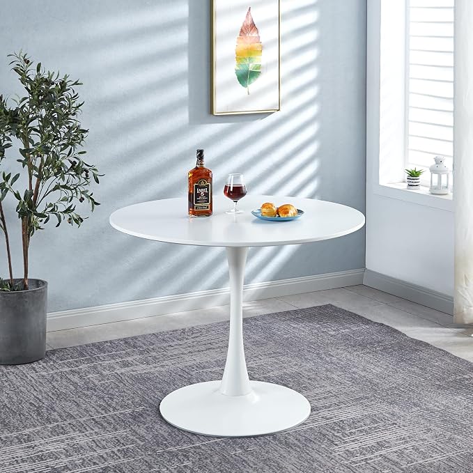 31.5" Mid-Century Round Dining Table for Outdoor, Tulip Table Metal Kitchen Dining Table for 2-4 People with Pedestal Base Leisure Coffee Table Office Living Room Small Space, White