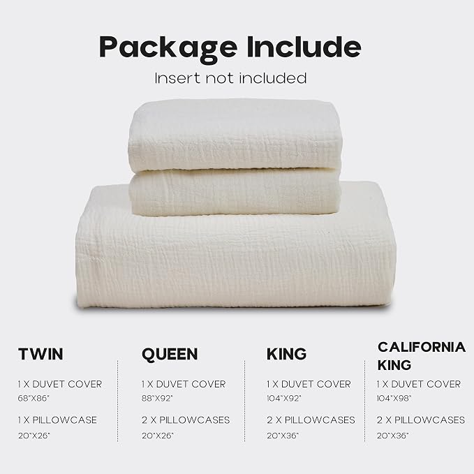 Simple&Opulence Linen Muslin Duvet Cover Set Queen Size, 3Pcs White Linen Cotton 3-Layer Gauze Minimalist Comforter Cover 88”x92”, Ultra Soft Breathable Seersucker Bedding Set with 2 Pillowcases
