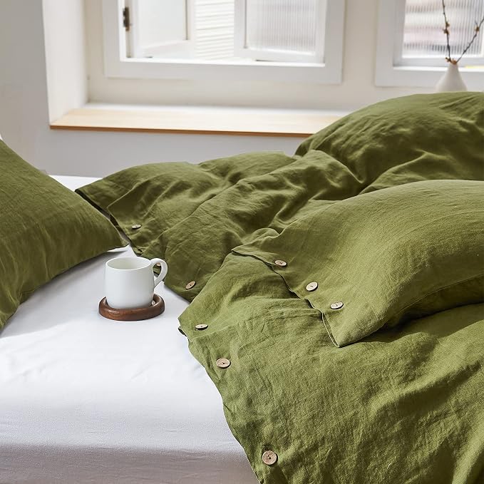 Simple&Opulence 100% Linen Duvet Cover Set 3pcs with Coconut Button Closure Natural French Washed Flax Solid Color Soft Breathable Farmhouse Bedding - Olive Green, Full Size