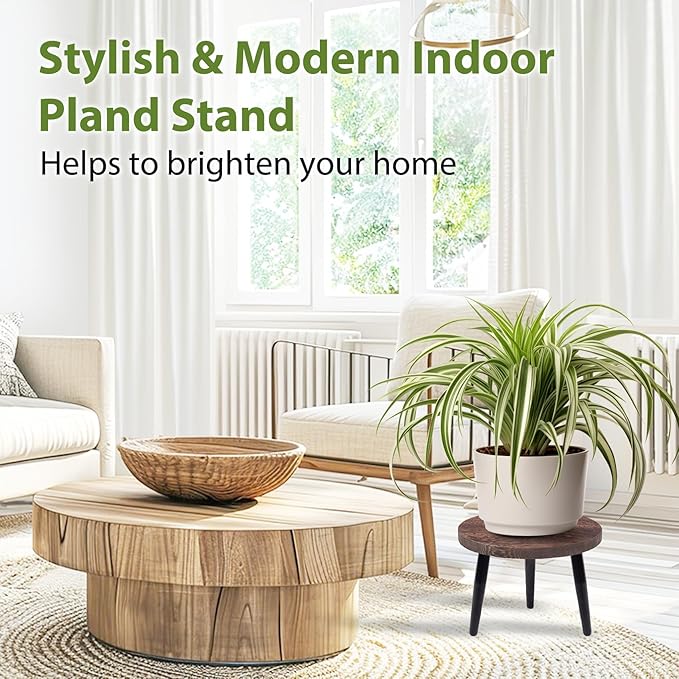 Heavy Duty Plant Stool, 10 Inch Wooden Plant Stand for Indoor Outdoor, Sturdy Metal Legs Single Plant Holder Supports 150 lbs, Fits 5-12 Inch Pots