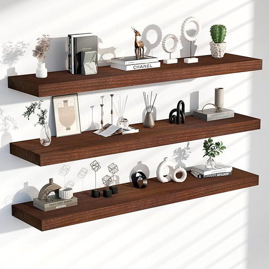 Floating Shelves for Wall, 60 Inch Extra Long Walnut Wall Shelves, Set of 3, Hanging Invisible Brackets Floating Shelves for Living Room,Bedroom,and Kitchen
