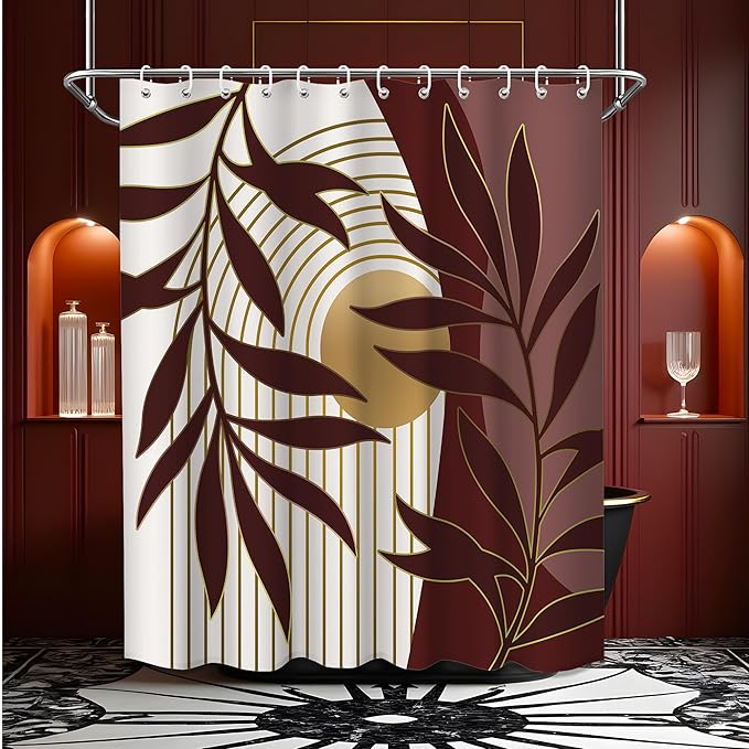 Boho Red Shower Curtain, Mid Century Modern Red Shower Curtains for Bathroom, Waterproof Fabric Set with Hooks, 70" W x 72" L