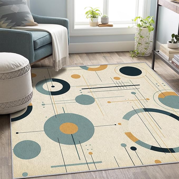 Mid Century Rugs for Living Room 7x7, Retro 50s Geometric Abstract Modern Pattern Design Area Rug, Mid Century Bedroom Decor Carpet, Non Slip, Washable (RG404)
