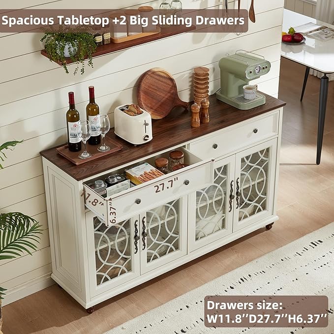 Farmhouse Sideboard Buffet Cabinet with Storage,59" Large Credenza with 4 Glass Doors & 2 Drawers, Wood Kitchen Coffee Bar, Adjustable Shelves Console Table for Dining Room,Living Room,White