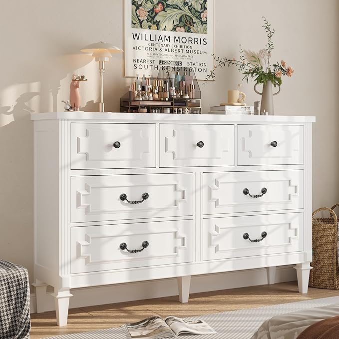 7 Drawer Dresser for Bedroom, 36" Tall Dresser & Chest of Drawers wtih Vintage Surface, Closet Storage Cabinet for Living Room, Hallway, White