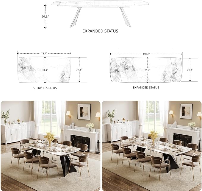 Extendable Dining Table with Leaf, 78"-110" Rectangular Sintered Stone, Marble-Look Top, Seats 6-14, Metal Base, Easy-Clean, Heat & Scratch Resistant, Dining Room/Kitchen Table for Family Gatherings