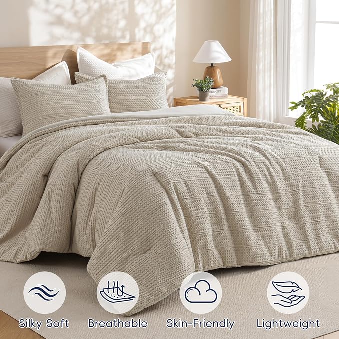 PHF Soft Waffle Comforter Set Twin Size- Comfy Breathable Waffle Weave Comforter with 1 Pillow Shams, 2 Pieces Less Snagging Lightweight Textured Bedding Set for All Season, Natural/Linen