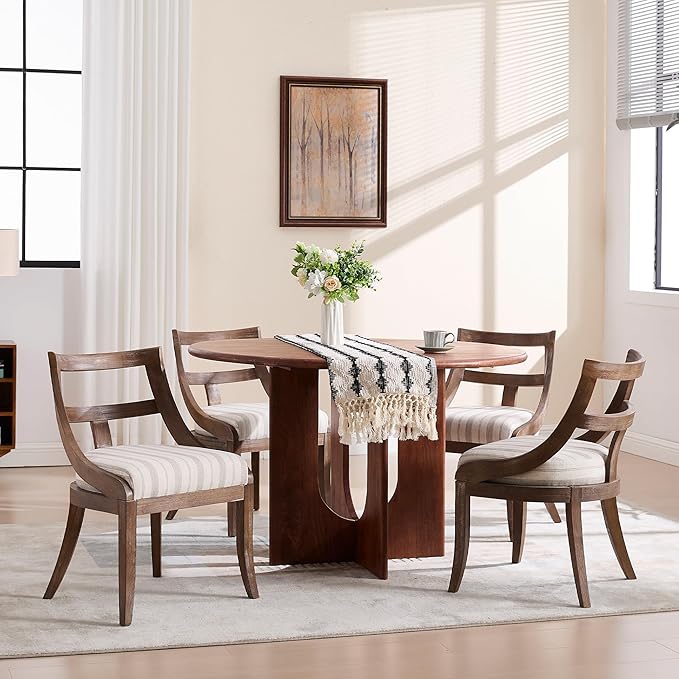 Modern Farmhouse Dining Chairs Set of 6 Mid Century Upholstered Dining Chair with Wooden Curved Back Kitchen Chairs for Dining Room Restaurant Cafe, Brown Walnut Colored-Linen Khaki Stripe