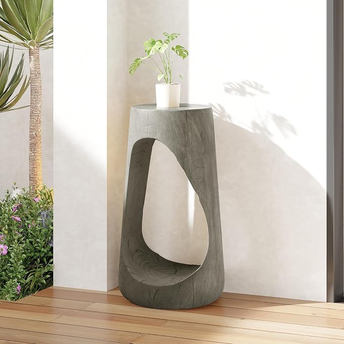 ø11.6'' Side Table End Table for Living Room, Modern Farmhouse Countryside Style, Magnesium Oxide & Lightweight Concrete Material for Indoor & Outdoor, No Assembly, Wood Grain, Gray