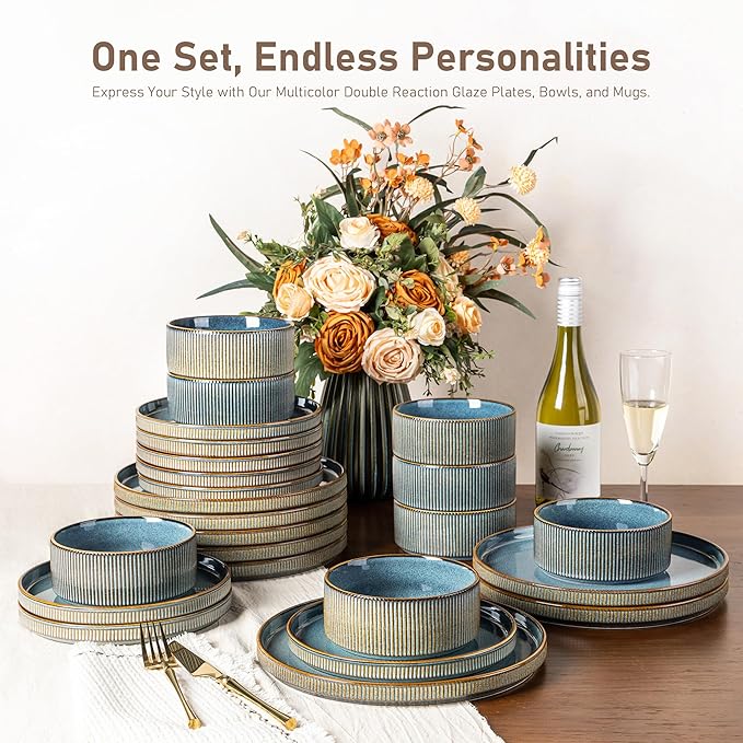 GBHOME 12-Piece Stoneware Dinnerware Set for 4 – Ribbed Ceramic Plates and Bowls, Scratch-Resistant, Microwave & Dishwasher Safe, Reactive Glaze, Deep Ocean