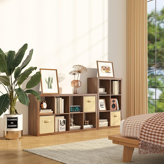 furtble Bookshelf with Storage Bins, 8-Cube Storage Organizer, Modern Wood Open Bookcase, Multifunctional Display Shelf for Living Room, Bedroom, Home Office, Classic Oak