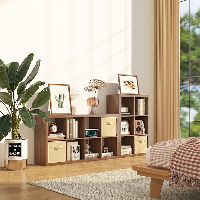 Bookshelf with Storage Bins, 9-Cube Storage Organizer Sturdy Wooden Bookcase Open Book Shelf, Multifunctional Cubicle Rack for Storage & Display, Furniture for Living Room Bedroom Office, Classic Oak