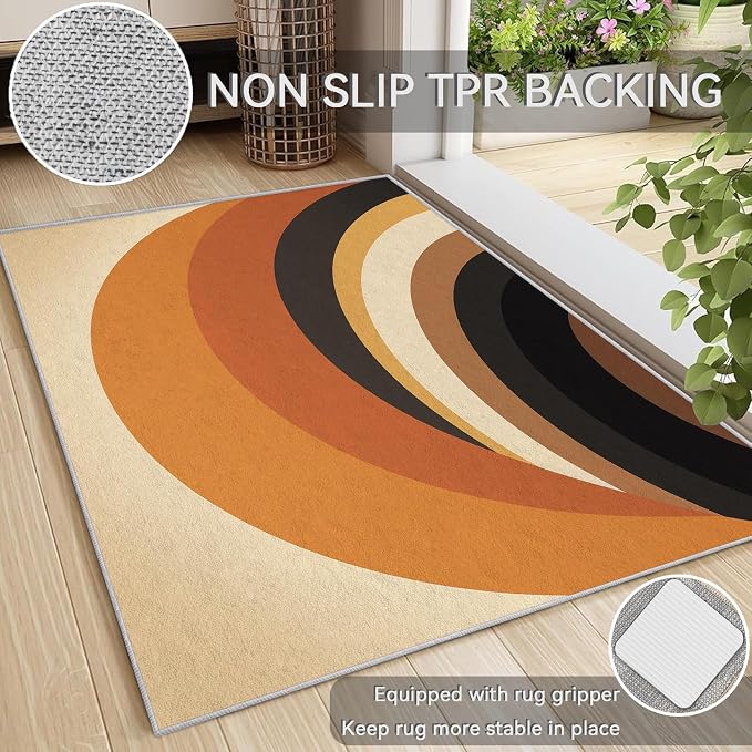 Mid Century Modern Area Rug 4x6, Washable Non-Slip Low Pile Retro Rainbow Rug for Living Room Bedroom Home Office, Abstract Boho Carpet in Terracotta Camel Cream and Black