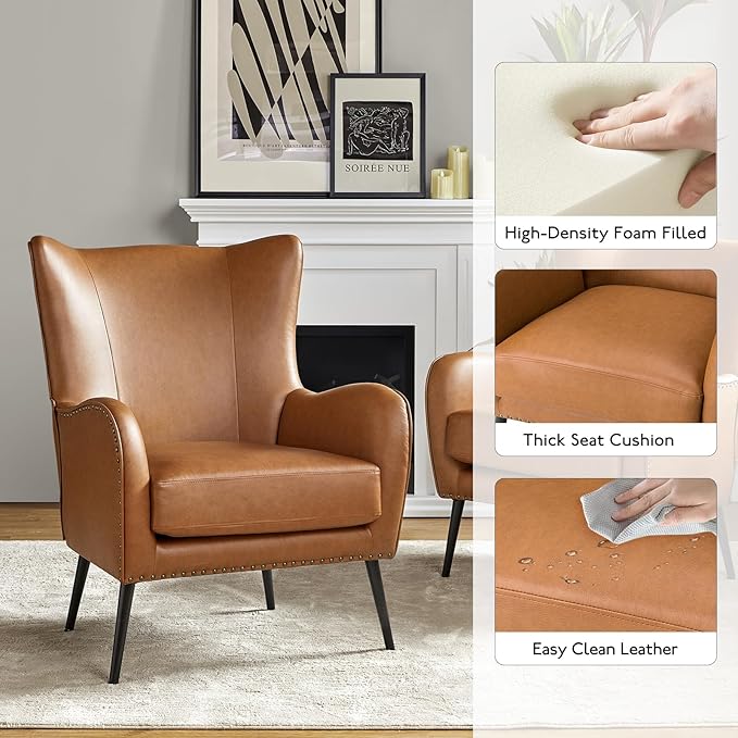 HULALA HOME Faux Leather Accent Chair with Removable Cushion, Comfy Upholstered Armchair with Black Metal Legs & Nailhead Trim Wingback Vanity Chair for Reading Living Room Bedroom, Camel