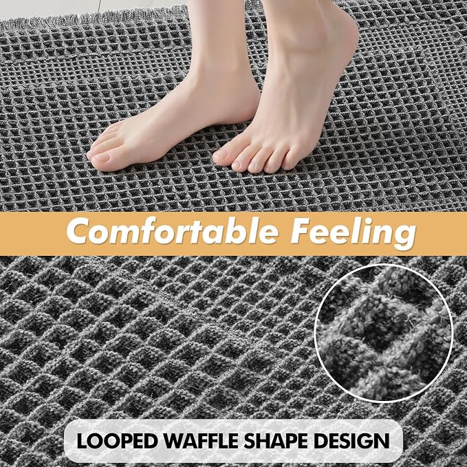 MIULEE Set of 2 Waffle Bathroom Rugs, Boho Bath Rug Super Absorbent, Non Slip Washable Ultra Soft Rubber Backed Shower Bath Mats for Floor, Tub, Shower, Looped Design, Dark Grey, 17x24 Inch