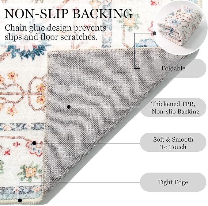 MUJOO 5x7 Area Rugs,Washable Rugs for Living Room Bedroom Bedside,Blue Boho Non Slip Carpet Indoor,Vintage Soft Teal and Pink Floral Rug