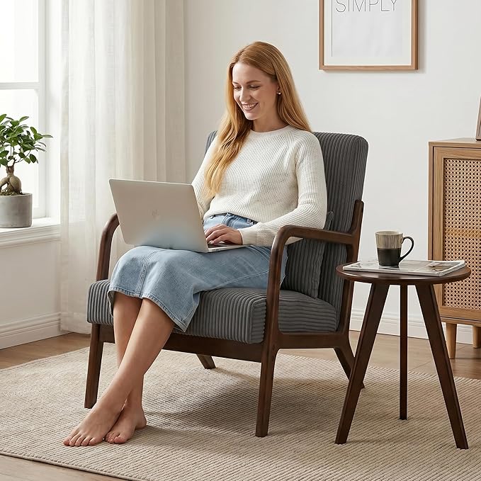 Mid Century Modern Accent Chair with Side Table, Upholstered Corduroy Armchair with Lumbar Pillow, Solid Rubberwood Frame for Living Room, Bedroom, Reading Nook, Dary Grey/Walnut