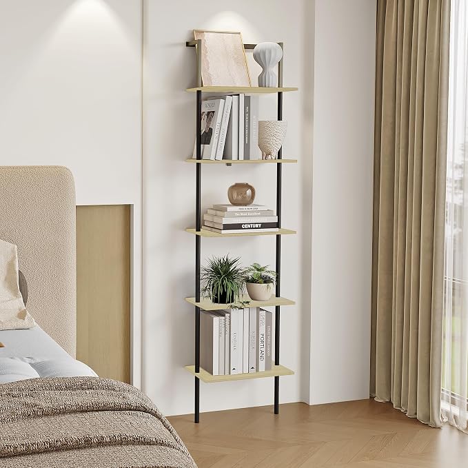 5-Tier Ladder Shelf, Wall Mounted Ladder Bookshelf with Metal Frame, Wood Tall Open Storage Rack and Display Shelves for Home Office Bedroom Living Room, Light Oak