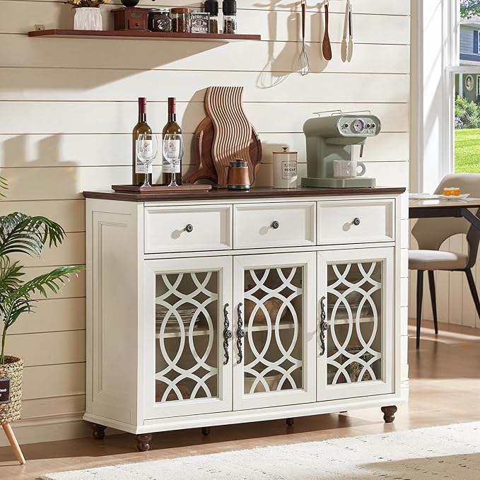 Farmhouse Sideboard Buffet Cabinet Set of 2 with Storage,48" Large Credenza with 3 Glass Doors & 3 Drawers,Adjustable Shelves Console Table,Wood Kitchen Coffee Bar for Dining Room,White