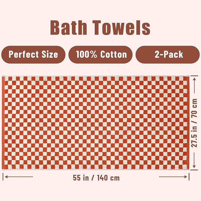 Jacquotha Ultra Soft Bath Towels 2 Pack - 520 GSM Cotton Highly Absorbent Checkered Towels Set for Bathroom Shower Pool Travel 55" x 28"(Coral)