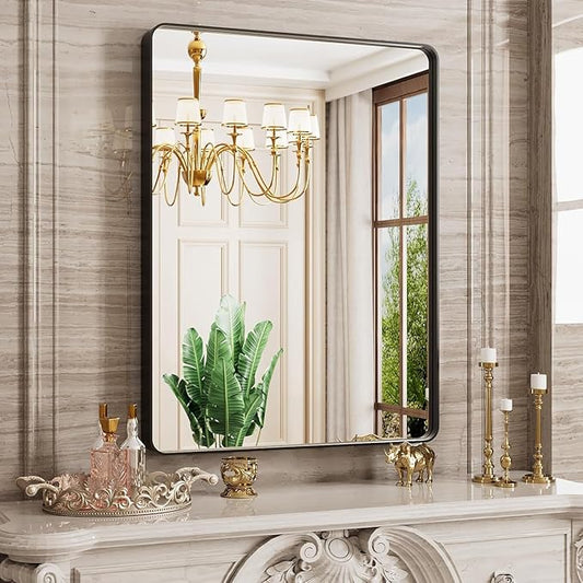 Black Bathroom Mirror, Black Metal Framed Mirror for Wall, Rounded Rectangle Matte Bathroom Vanity Mirror with Tempered Glass, Anti-Rust, Horizontal/Vertical