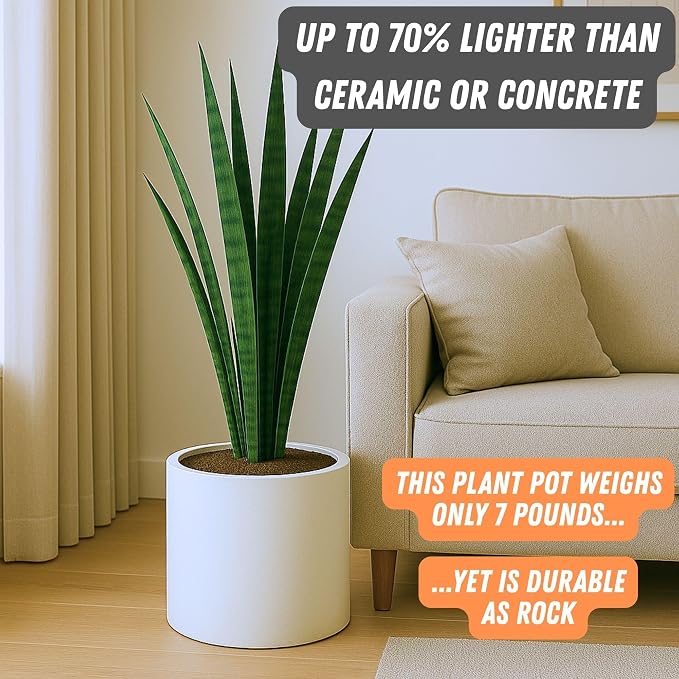 Fox & Fern Large Indoor Planter, Modern Large Plant Pot for Indoor or Outdoor, UV and Frost Resistant - 12 Inch, Fiberstone, Matte White Flower Pot with Drainage Plug, Lightweight