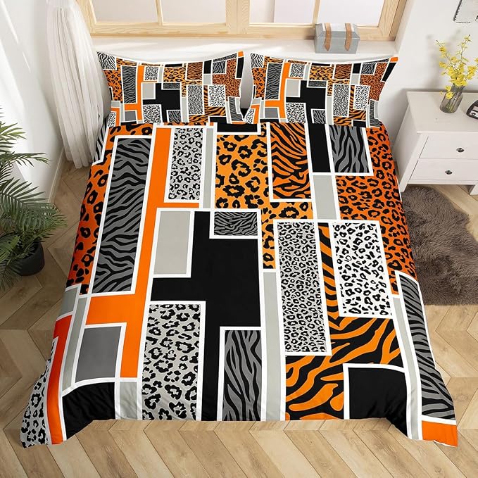 Erosebridal Leopard Print Bedding Set Twin Cheetah Zebra Stripes Fur Print Duvet Cover Orange Geometric Square Patchwork Comforter Cover for Kids Teen Adults,Rustic Wild Animals Skin Texture Bed Set