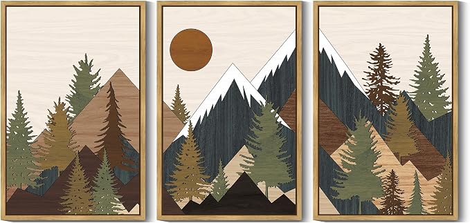 KUVIOKE Morden Mountains Framed Wall Art Boho Pine Tree Forest Nature Landscape Artwork Bohemain Farmhouse Rustic Bedroom Living Room Decor 24x36in (Natural Framed)