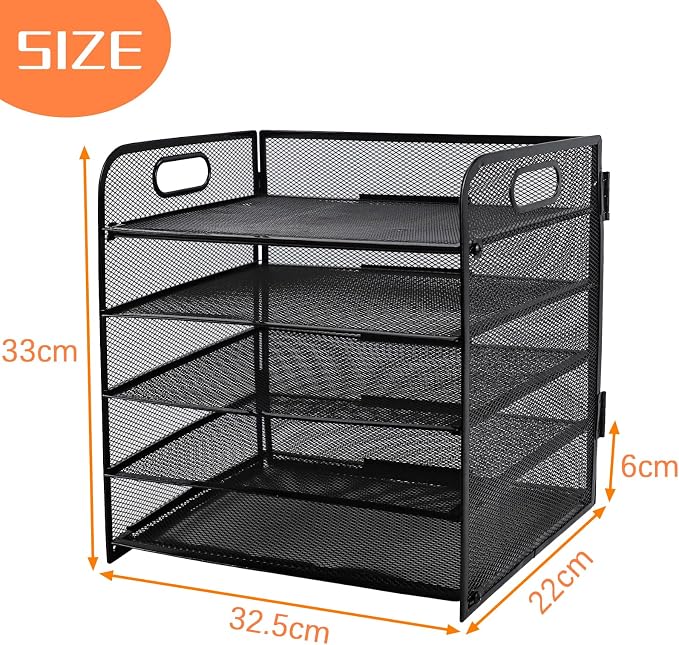 5-Tier Paper Letter Tray Organizer with File Holder，Paper Sorter Desk Organizer Metal mesh Desk Tray for Home Office School