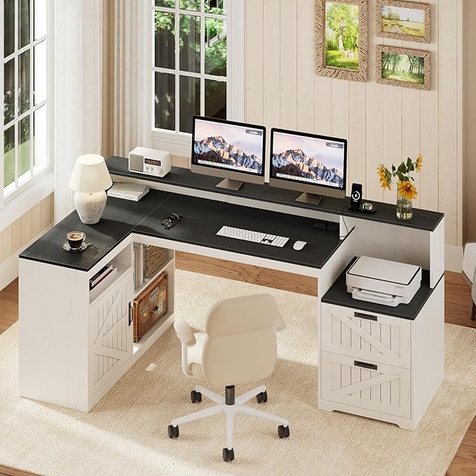 TVU Farmhouse L Shaped Desk with Drawers, 62.2" Home Office Desk with Storage Shelves and Power Outlet, L Shaped Computer Desk with Monitor Stand and Printer Shelf, Black and White