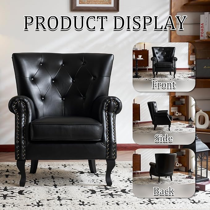 Modern Accent Chair Set of 2, Mid-Century PU Leather Armchair with Solid Wood Legs, Single Sofa Chair for Living Room, Bedroom, Leisure Room, or Reading Room(Black)
