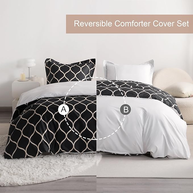 NTBAY 2 Pieces Curve Pattern Duvet Cover Set, Brushed Microfiber Soft Black and Beige Twin Duvet Cover Set, Reversible Zipper Comforter Cover with Ties and 1 Pillow Sham