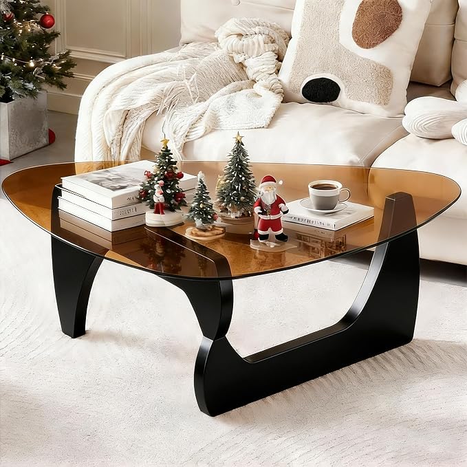 Coffee Tables for Living Room, Small Oval Center Table with Triangle Tempered Glass Top, Solid Legs, Tea Table for Office Small Space