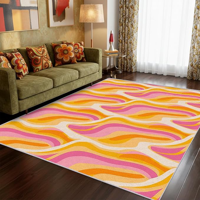 70s Retro Rug Large 8x10 Colorful Zebra Striped Groovy Pattern Area Rugs for Living Room, Bedroom, 70s Retro Home Decor Accessories Indoor Carpet, Non Slip & Machine Washable, GD0353