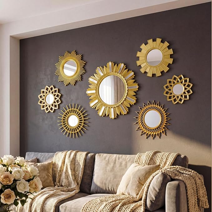 Gerrii 7 Pcs Gold Sunburst Mirror for Wall Decorative Gold Mirrors for Wall Decor Vintage Mirror Sets Hanging Round Decorative Mirrors Accessories for Art Entryway Living Room Home Decor Art Gifts