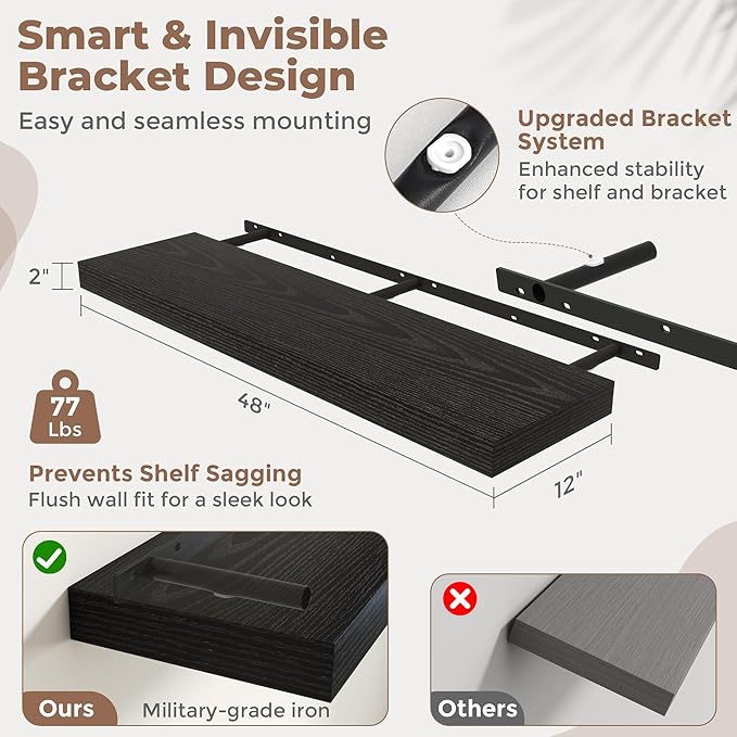 Marsmiles 12" Deep Floating Shelves for Wall with Invisible Brackets, Wall Mounted Engineered Wood Shelves with Wood Grain for Living Room, Bedroom, Kitchen Decor and Storage, 48" L Set of 1, Black
