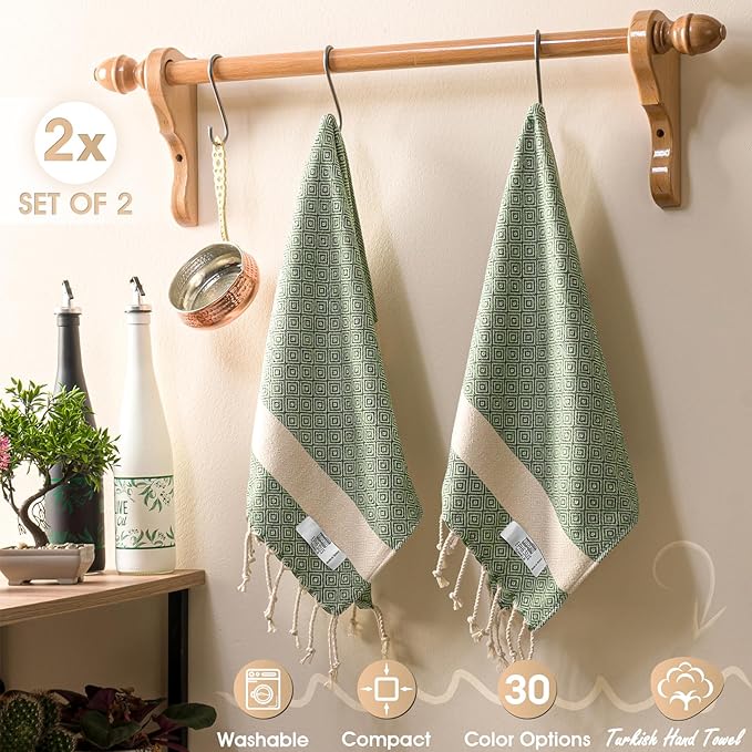 Hand Towels - Set of 2 | 18" x 30" - Decorative Turkish Hand Towel for Bathroom, Kitchen, Guest, Face, Hair, Tea, Dishcloth (Diamond, Green)