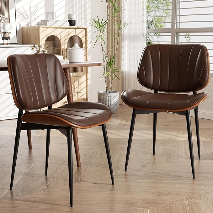 Dining Chairs Set of 8, Mid Century Modern Dining Room Chairs, Upholstered Faux Leather Kitchen Chairs with Walnut Bentwood Back and Metal Legs